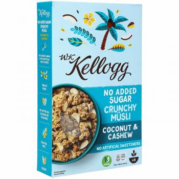 Kellogg No Added Sugar Crunchy Müsli Coconut & Cashew 400g  Knuspermüsli mit Kokosnuss, Cashewkernen und Mandeln - ohne zugesetzten Zucker, enthält von Natur aus Zucker