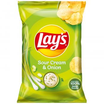 Lay's Sour Creme & Onion 175g  Ein echter Klassiker. Lay's Sour Creme & Onion bringt die beliebte Sauerrahm-Zwiebel-Kombination an die Kartoffelchips. Der knusprige goldgelbe Snack ist immer ein Genuss-Hit - ob zum TV-Abend oder einfach nur so.