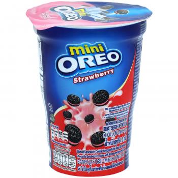 Oreo Strawberry Mini 67g  Kunststoff-Becher mit Mini-Doppelkeksen aus Kakao-Gebäck mit Erdbeer-Creme-Füllung. Mit HALAL-Zertifizierung.