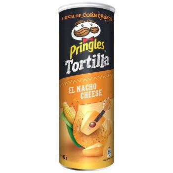 Pringles Tortilla Chips Nacho Cheese aus Mais mit Käsegeschmack. Für Vegetarier geeignet.