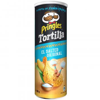 Pringles Tortilla El Salted Original aus Mais, gesalzen. Für Vegetarier geeignet.