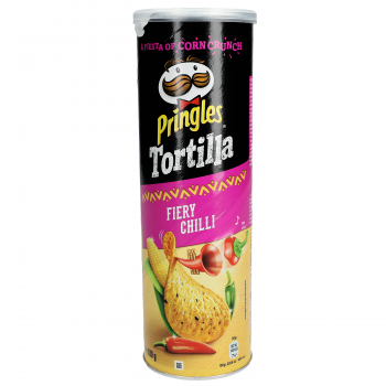 Pringles Tortilla Fiery Chilli 180g aus Mais mit scharfem Chiligeschmack. Für Vegetarier geeignet.