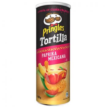 Pringles Tortilla Paprika Mexicana Chips aus Mais mit Paprikageschmack. Für Vegetarier und Veganer geeignet.