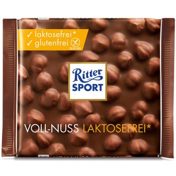 Ritter Sport Voll-Nuss laktosefrei 100g Tafel aus Vollmilchschokolade und ganzen Haselnüssen. Laktosefrei. Glutenfrei.