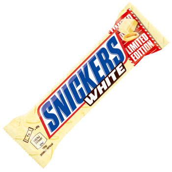 Snickers White Riegeln aus weißer Schokolade mit Candy-Creme, Karamell und gerösteten Erdnüssen