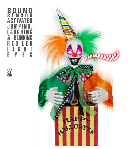 Springender und lachender Horror Clown in Kiste animiert 37cm