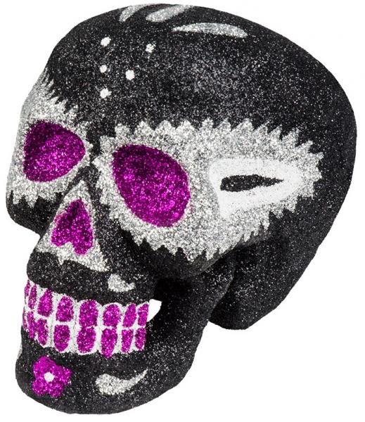 Glitzer Totenkopf Sugar Skull SCHWARZ-SILBER-Pink 16x13CM