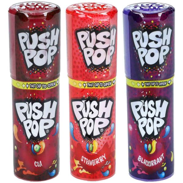 Bazooka Push Pop Lolli in Stift-Aufmachung mit Cola-, Blaubeer- und Erdbeer-Geschmack