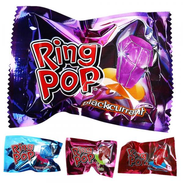 Bazooka Ring Pop Lolli in Ring-Form mit Erdbeer-, Blaubeer- oder Cola-Geschmack