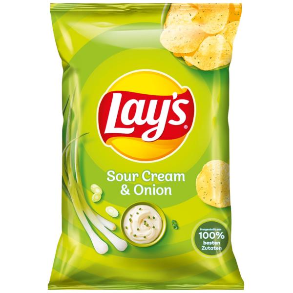 Lay's Sour Creme & Onion 175g  Ein echter Klassiker. Lay's Sour Creme & Onion bringt die beliebte Sauerrahm-Zwiebel-Kombination an die Kartoffelchips. Der knusprige goldgelbe Snack ist immer ein Genuss-Hit - ob zum TV-Abend oder einfach nur so.