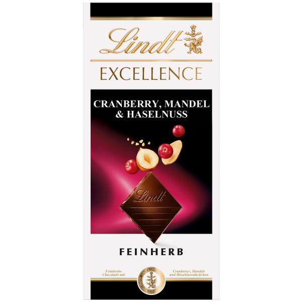 Lindt Excellence Cranberry, Mandel & Haselnuss Feinherb Tafel 100g