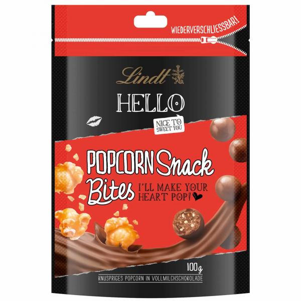 Lindt Hello Popcorn Snack Bites 100g Vollmilchschokolade mit salzigen Popcorn-Stückchen