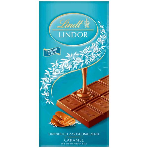 Lindt Lindor Caramel & Salz Vollmilchschokolade mit einem Hauch von Fleur de Sel und einer zartschmelzenden Karamell-Füllung