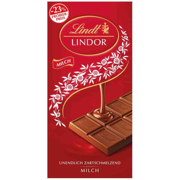 Lindt Lindor Milch 100g Vollmilch Schokolade mit zartschmelzender kakaohaltiger Füllung.