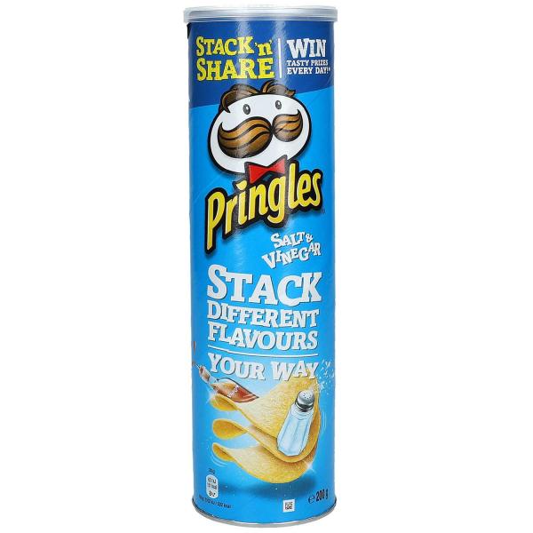 Pringles Salt & Vinegar 200g mit Salz- und Essiggeschmack. Für Vegetarier geeignet.