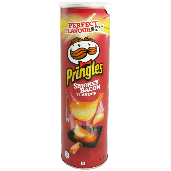 Pringles Smokey Bacon mit Räucherschinken-Geschmack. Für Veganer geeignet.