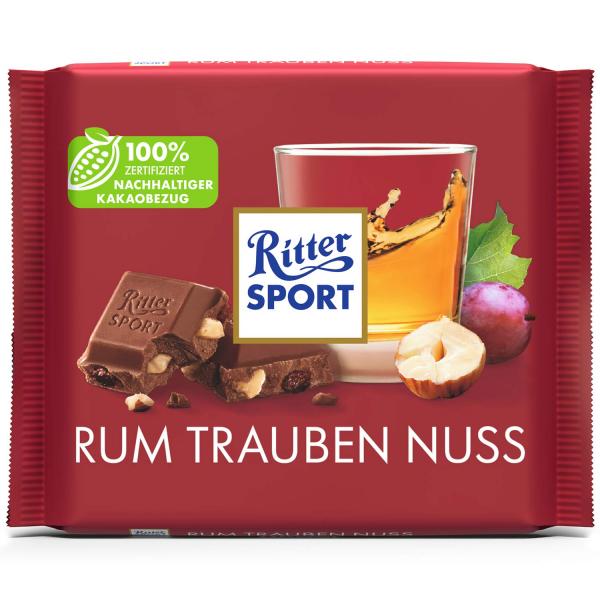 Ritter Sport Rum Trauben Nuss 100g  Vollmilch-Schokolade mit Rum, Sultaninen und Haselnüssen