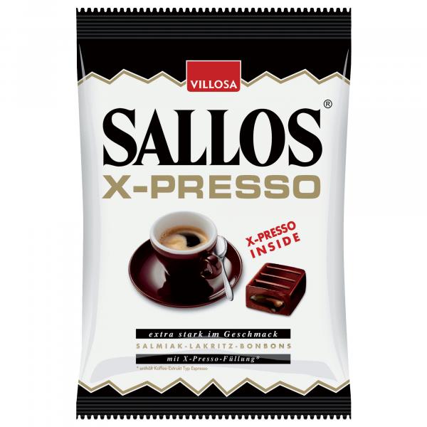 Sallos X-Presso 135g Hartkaramellen mit Lakritzgeschmack mit Füllung aus Espresso-Extrakt